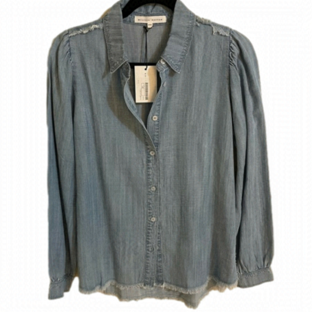 𝅺🎀 Melissa Nepton Puff Shoulder Raw Hem & Seam Soft Denim Button Down Shirt,